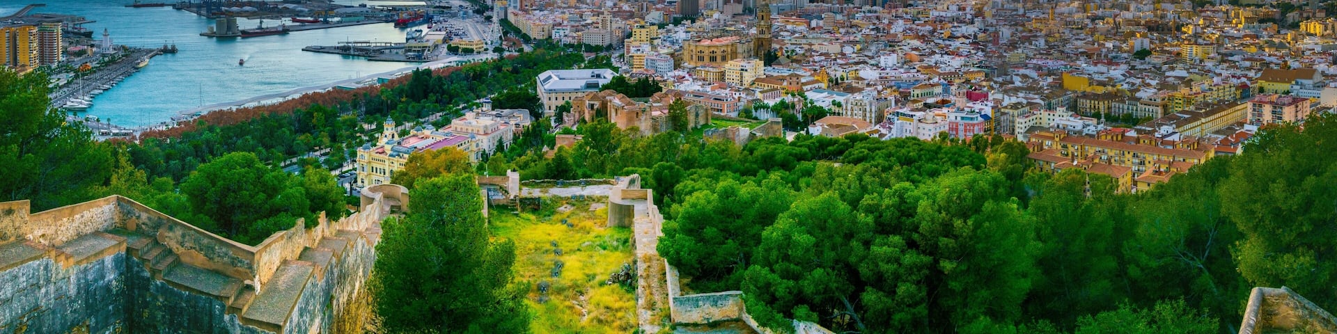 aerial view of malaga taken from gibralfaro castle including port of malaga, alcazaba castle and the cathedral of malaga during sunset, Shutterstock ID 444551362, purchase_order: SP-1269 HA 2018 Batch