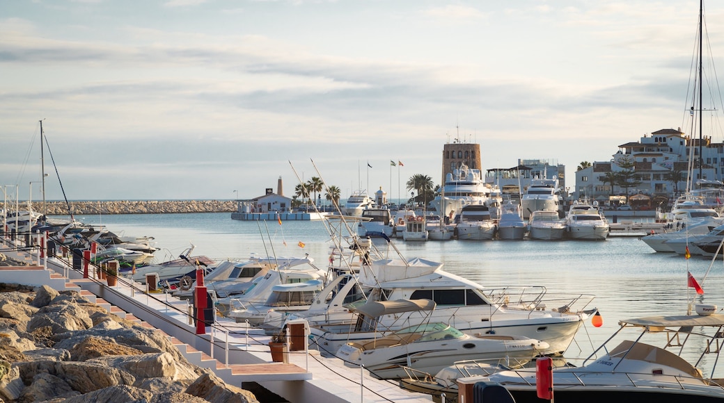 Puerto Banus Marina which includes a sunset and a bay or harbor