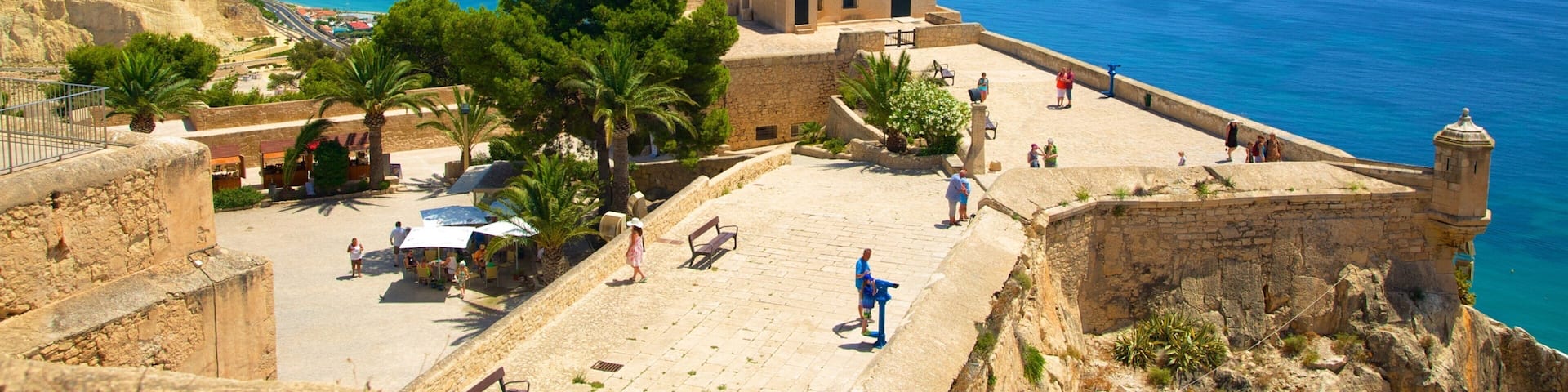 Castle of Santa Barbara which includes general coastal views, chateau or palace and heritage elements
