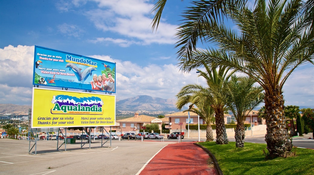 Aqualandia which includes signage and a small town or village