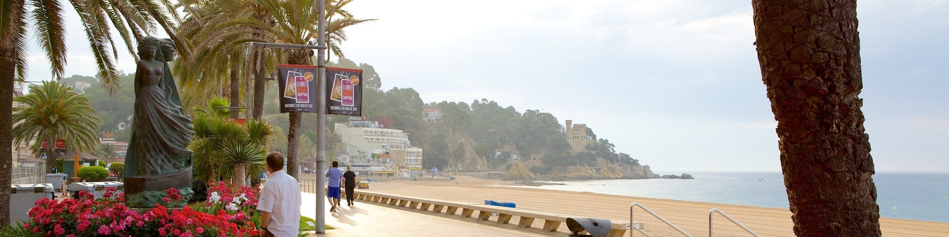 Playa de Lloret de Mar mostrando flores, escenas cotidianas y vistas de una costa