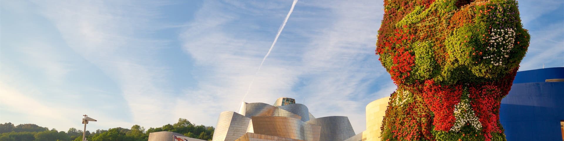 Guggenheim Museum Bilbao which includes street scenes, modern architecture and outdoor art