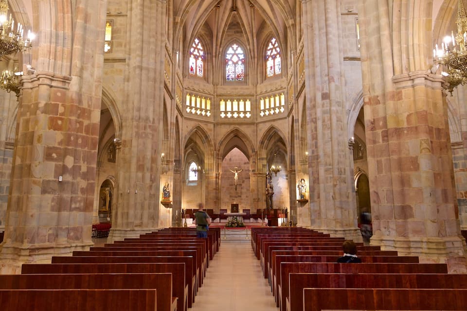 A cathedral interior with high vaulted ceilings, stained glass windows, and rows of wooden pews.