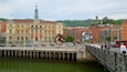 Bilbao City Hall which includes a city, heritage architecture and a river or creek