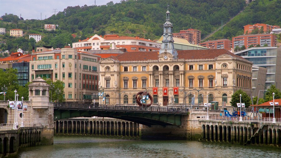 Ayuntamiento de Bilbao ofreciendo un río o arroyo, patrimonio de arquitectura y un puente