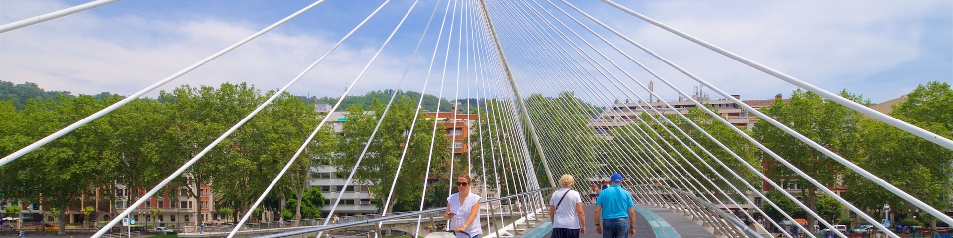 Puente Zubizuri mostrando imágenes de calles, un río o arroyo y un puente