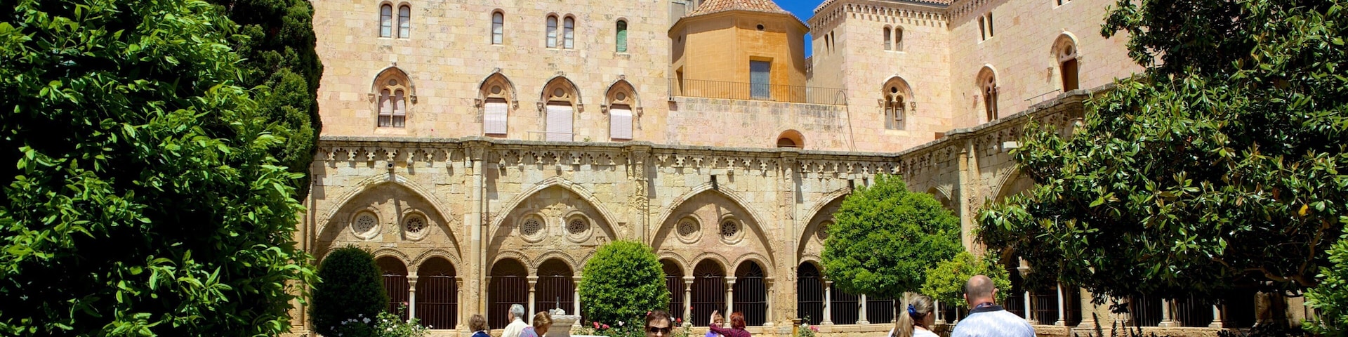 Tarragona Cathedral featuring heritage architecture and a garden as well as a large group of people