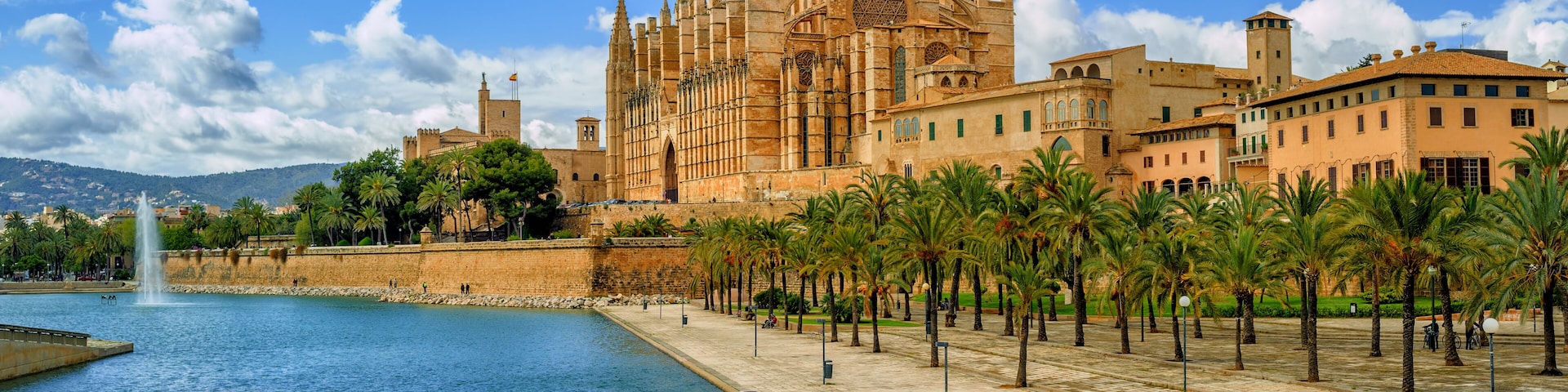 Una catedral histórica con arquitectura gótica, un paseo marítimo bordeado de palmeras y un cielo azul despejado.