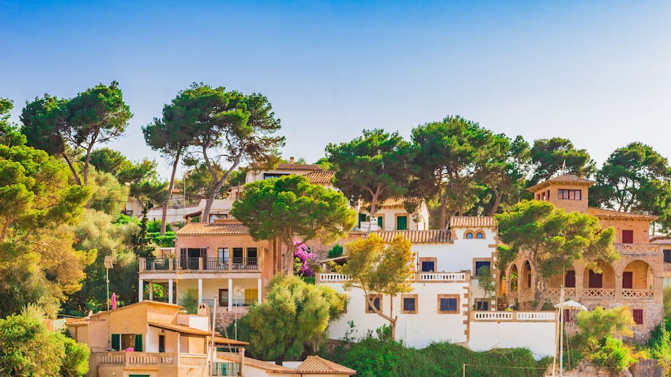 A coastal village with boats docked at a marina, surrounded by terraced buildings and lush greenery.