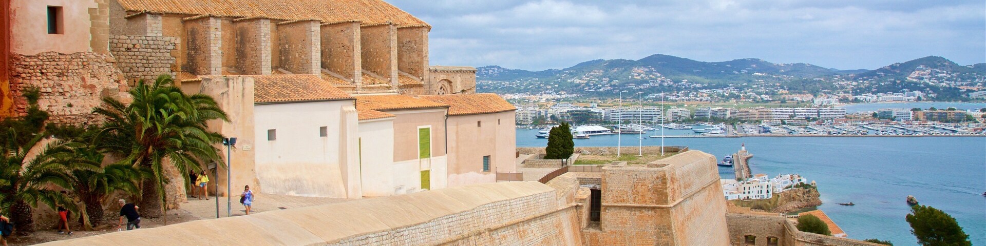Ibiza Cathedral which includes a bay or harbor
