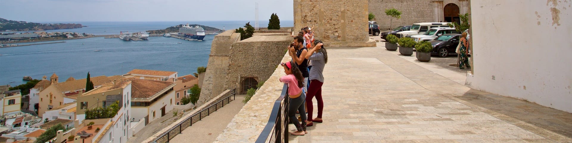 Ibiza Cathedral showing heritage elements and a bay or harbor as well as a family