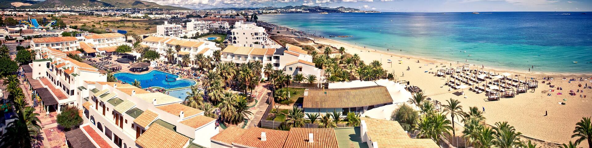 Aerial view on Playa d'en Bossa, Ibiza, Spain