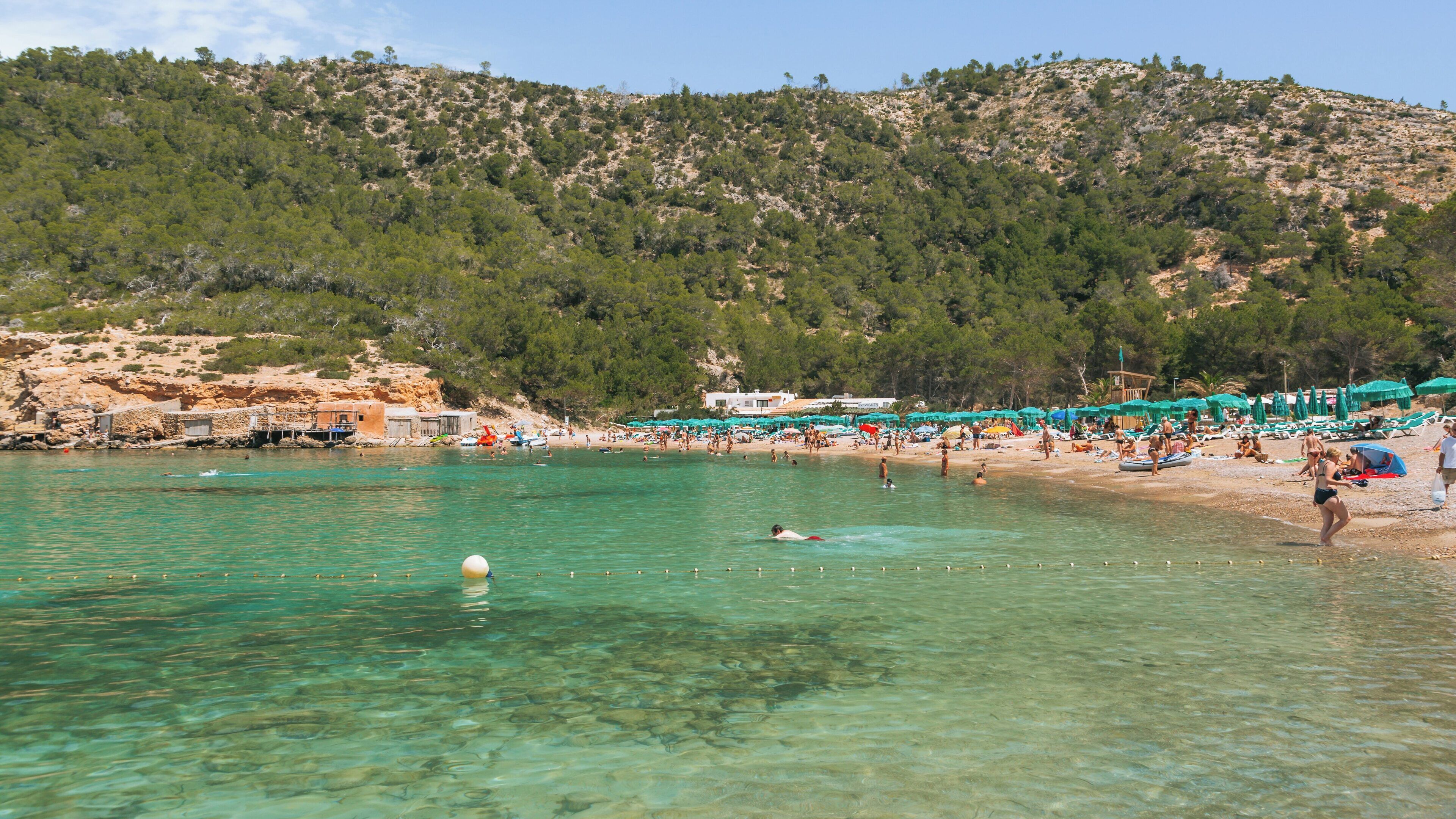 Sunbathers relax on Benirras Beach in Ibiza Town while turquoise waves gently lap the shore under a clear sky, surrounded by beautiful green hills