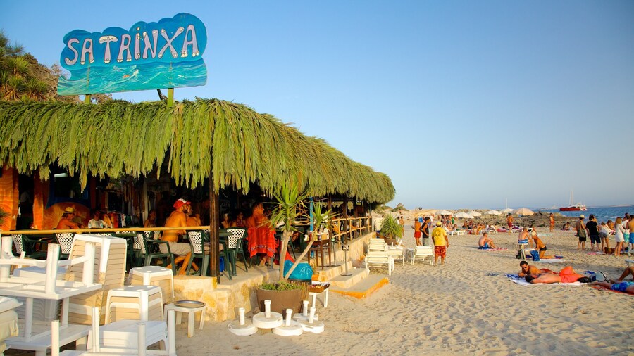 Las Salinas Beach which includes tropical scenes, a beach bar and signage