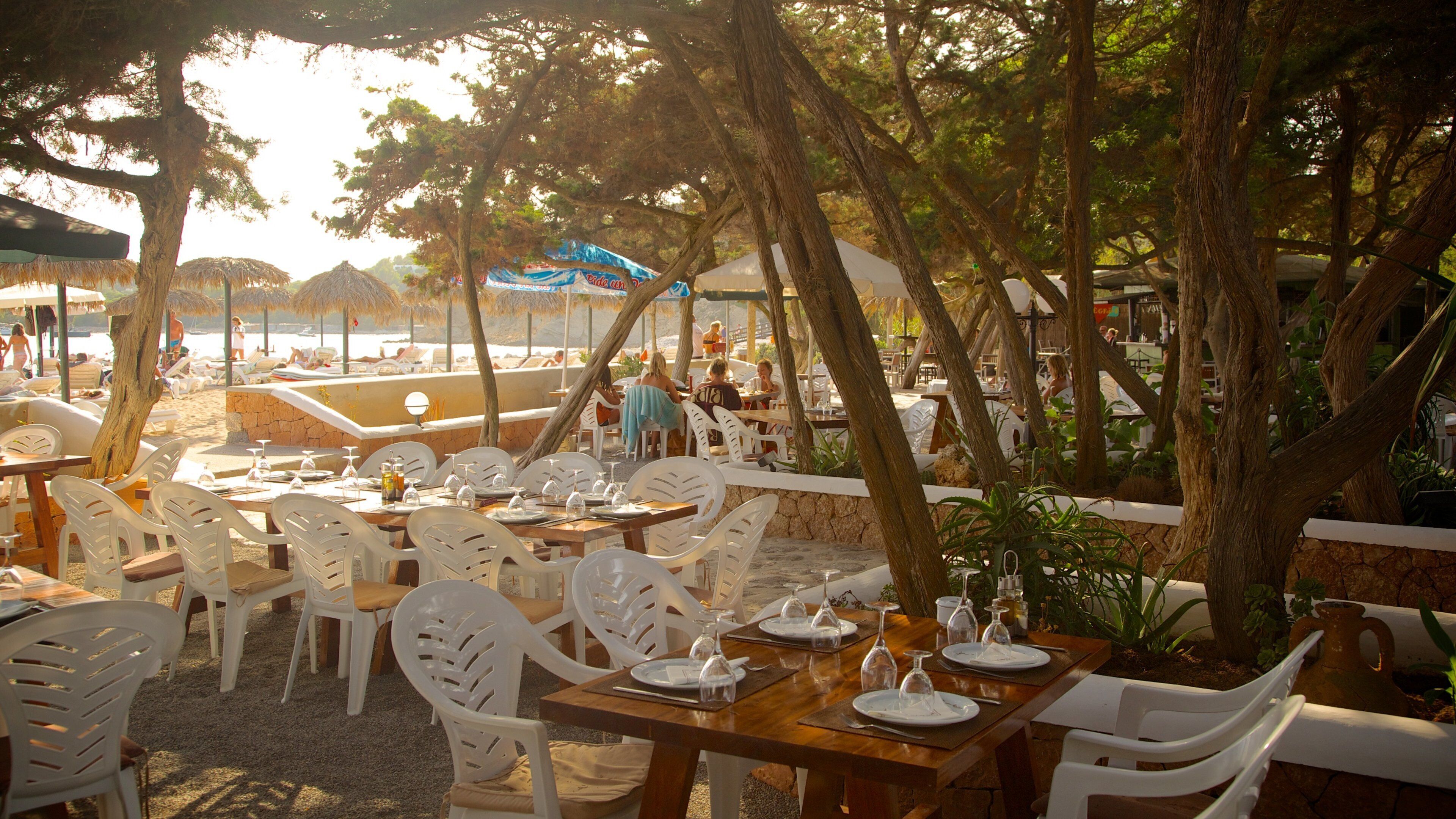 Cala Jondal Beach which includes a sunset, outdoor eating and a coastal town
