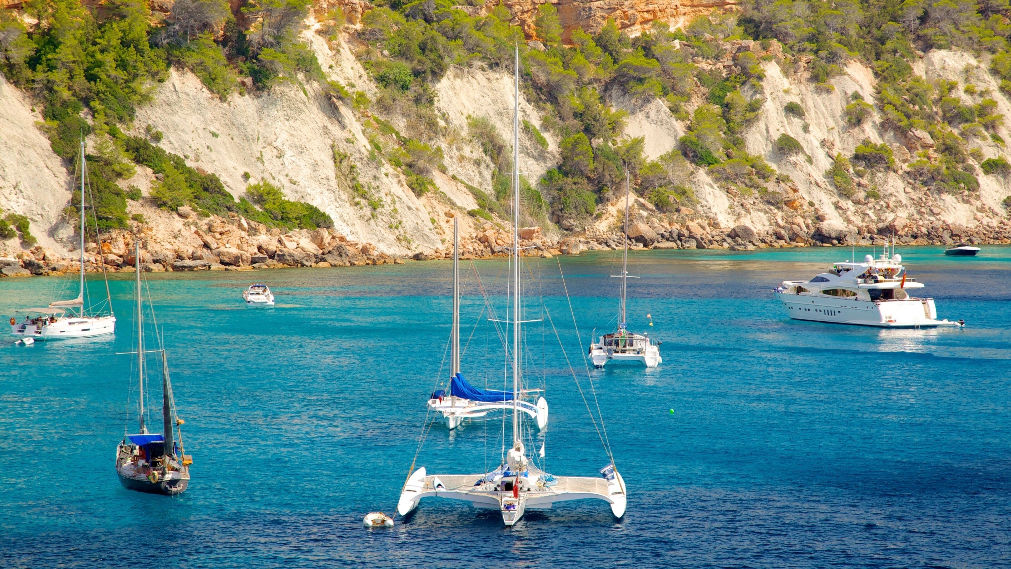 Cala d\'Hort Beach showing boating, rugged coastline and general coastal views