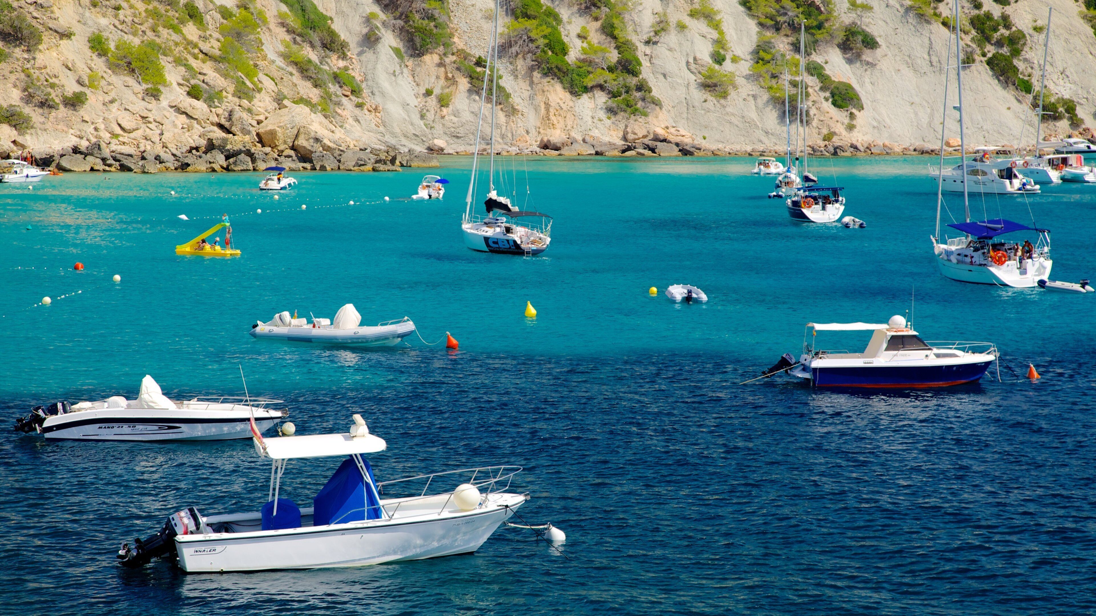 Cala d\'Hort Beach featuring rocky coastline, boating and a marina