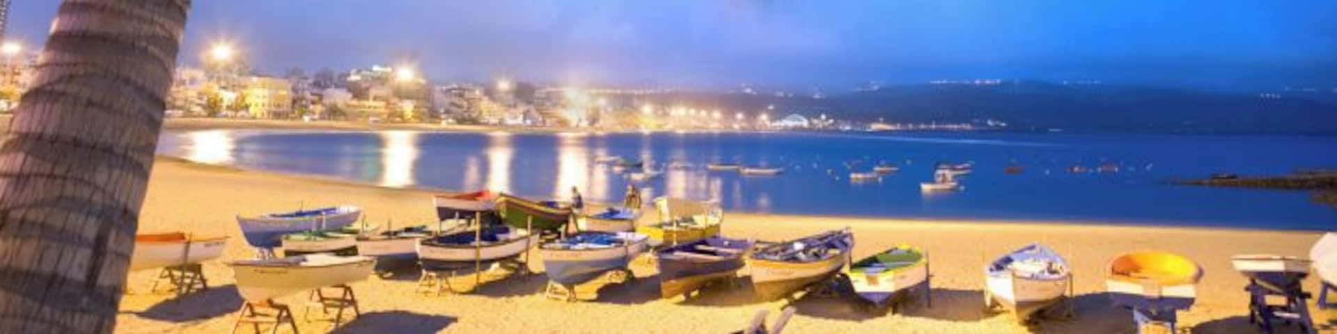Una playa con barcos, palmeras y un paisaje urbano al fondo.