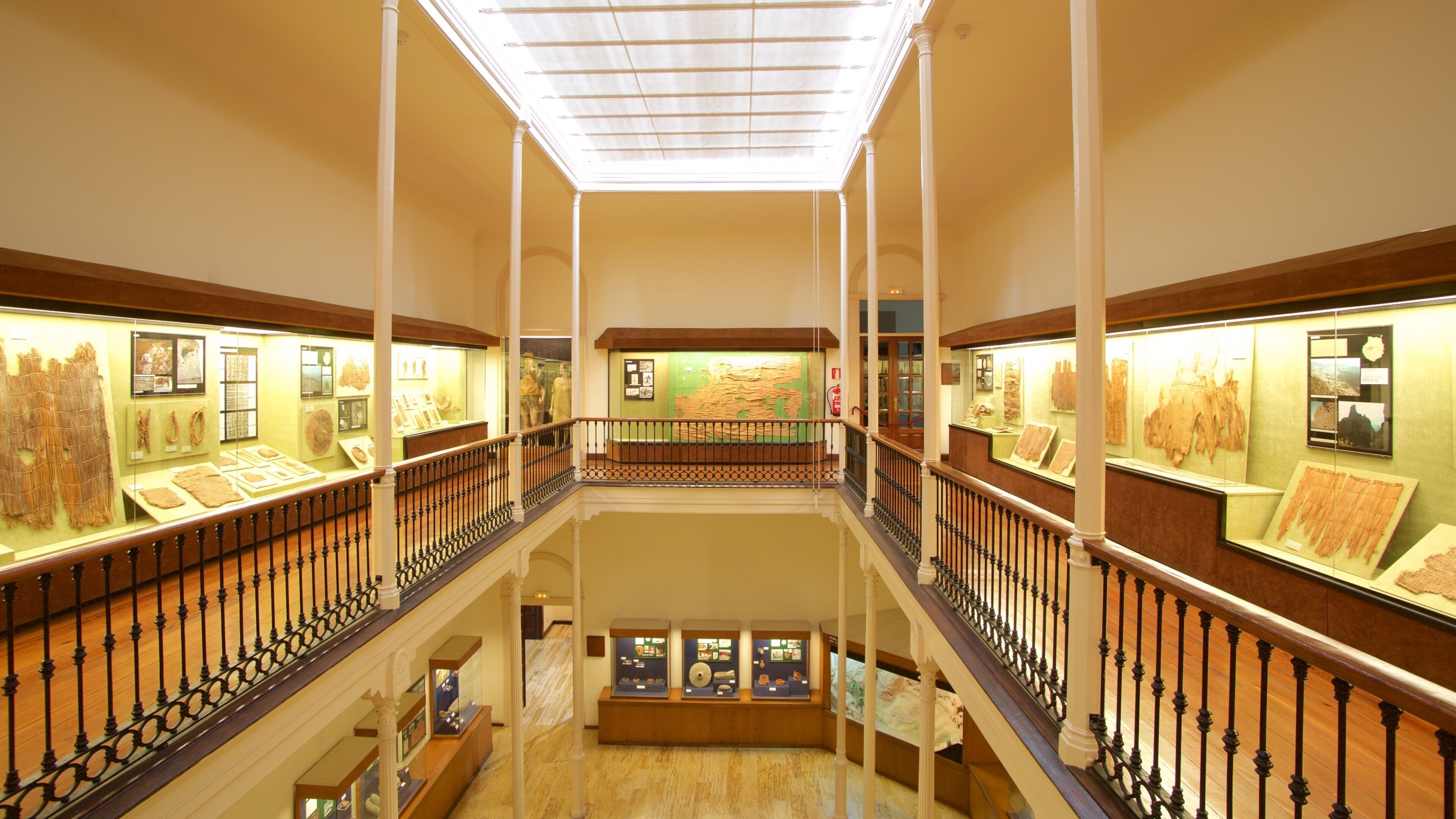 A museum with exhibits on the first and second floors.