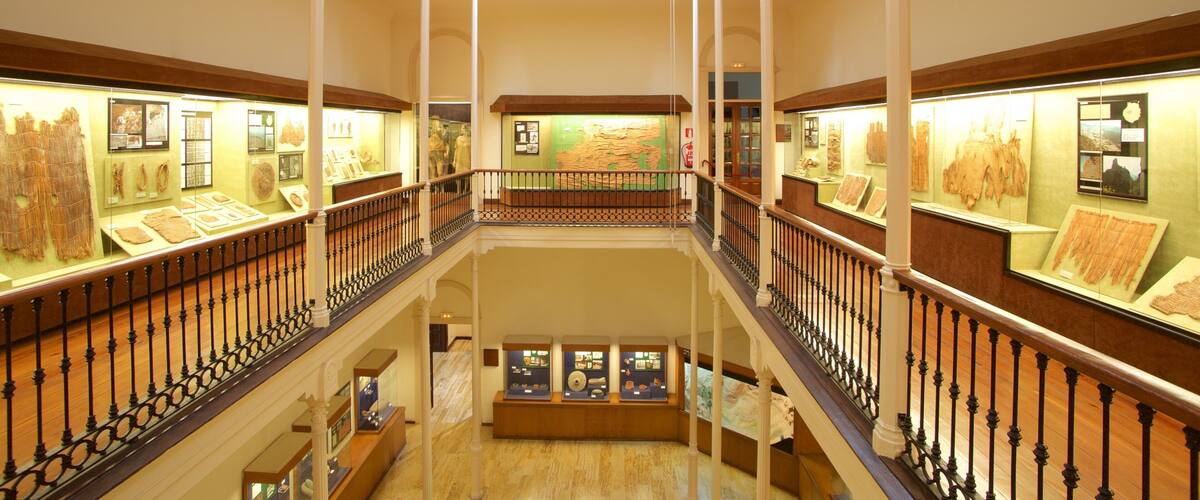 A museum with exhibits on the first and second floors.