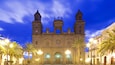 Cathedral of Santa Ana showing religious elements, night scenes and a square or plaza
