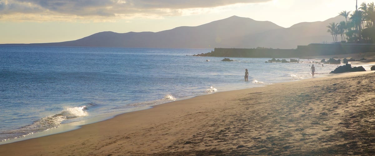 A beach with calm waters, a sandy shore, and distant mountains.