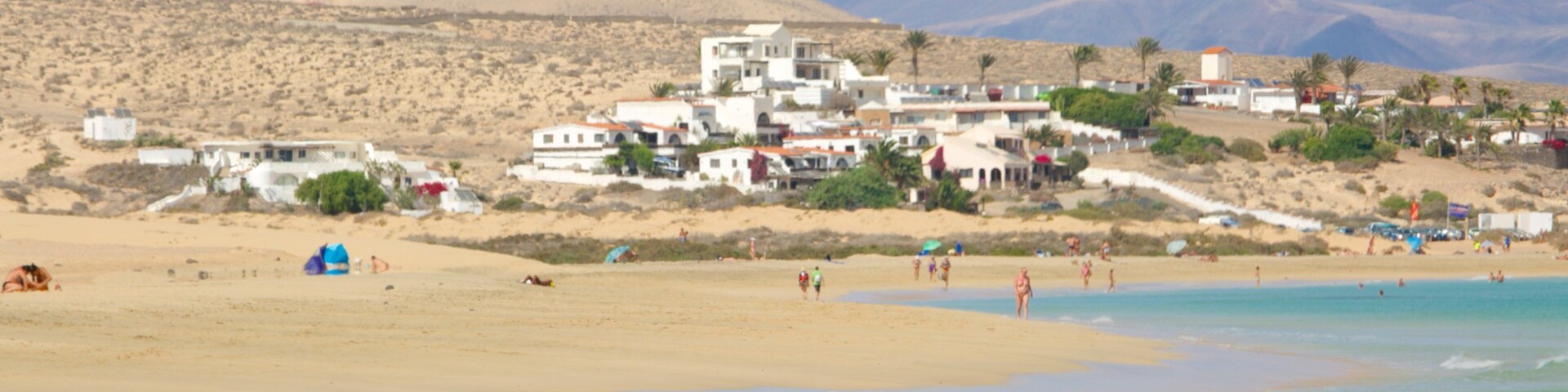 A beach with people, a mountain, and buildings.