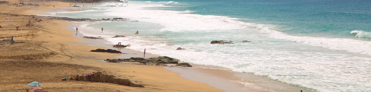 Cotillo Beach showing rugged coastline, surf and a beach