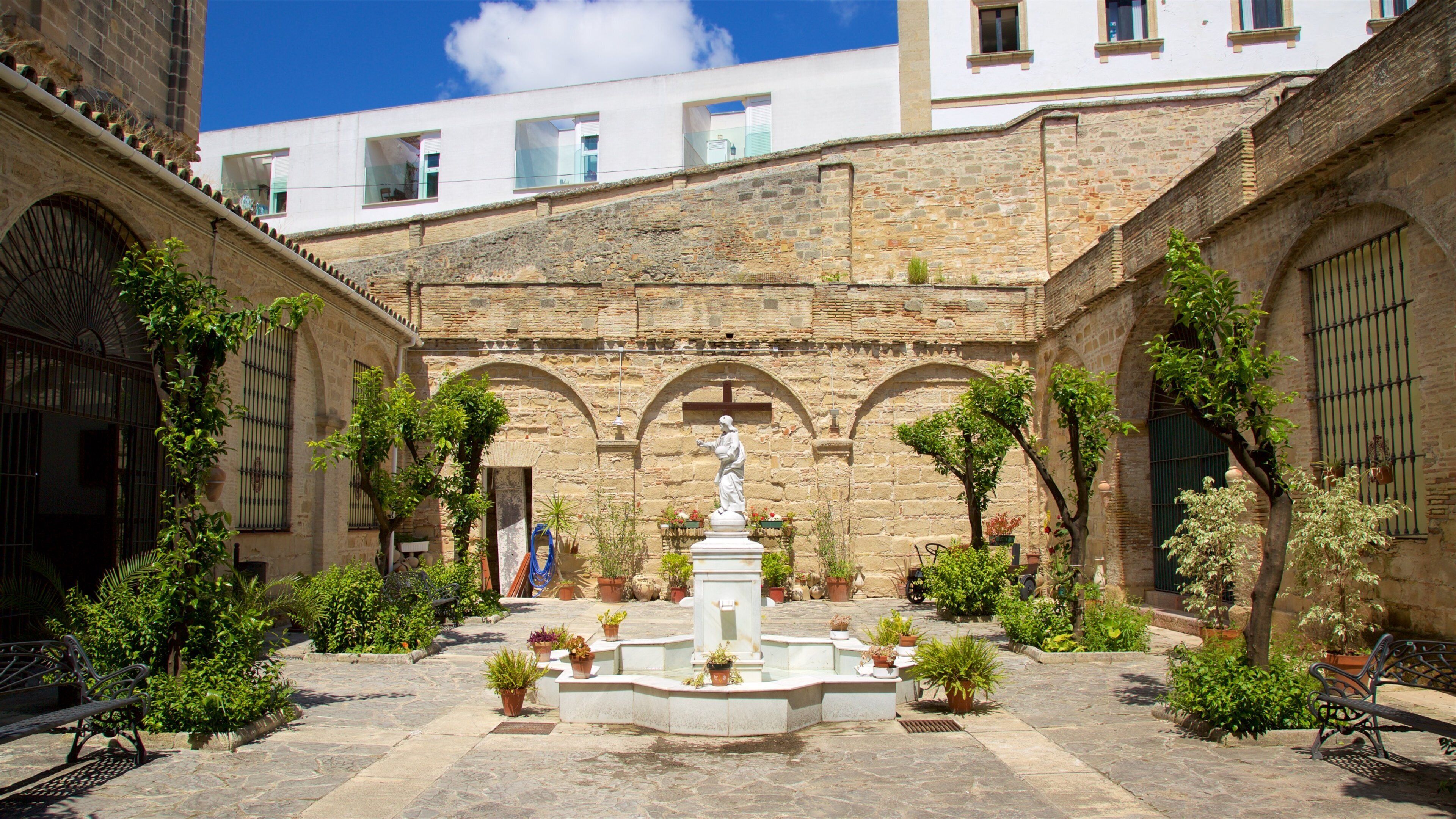 Jerez-katedralen presenterar en park och en kyrka eller katedral