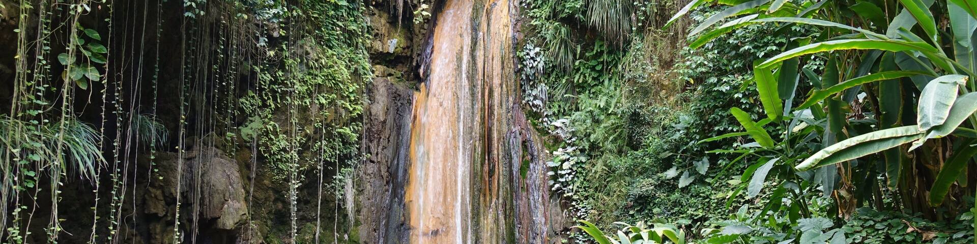 View of the Diamond Waterfall in the Diamond Botanical Gardens in St Lucia