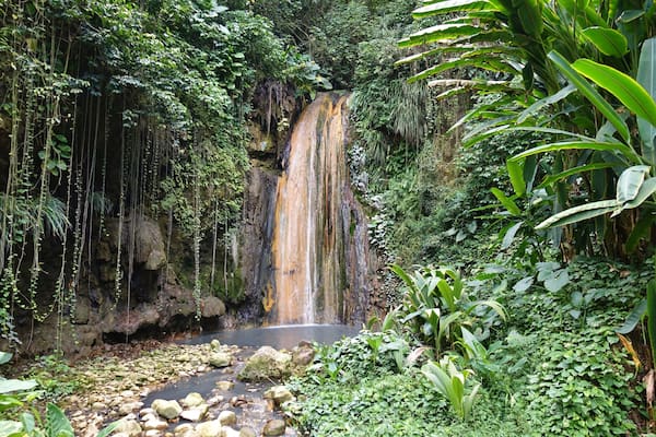View of the Diamond Waterfall in the Diamond Botanical Gardens in St Lucia