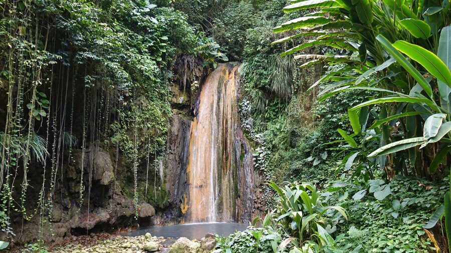 View of the Diamond Waterfall in the Diamond Botanical Gardens in St Lucia