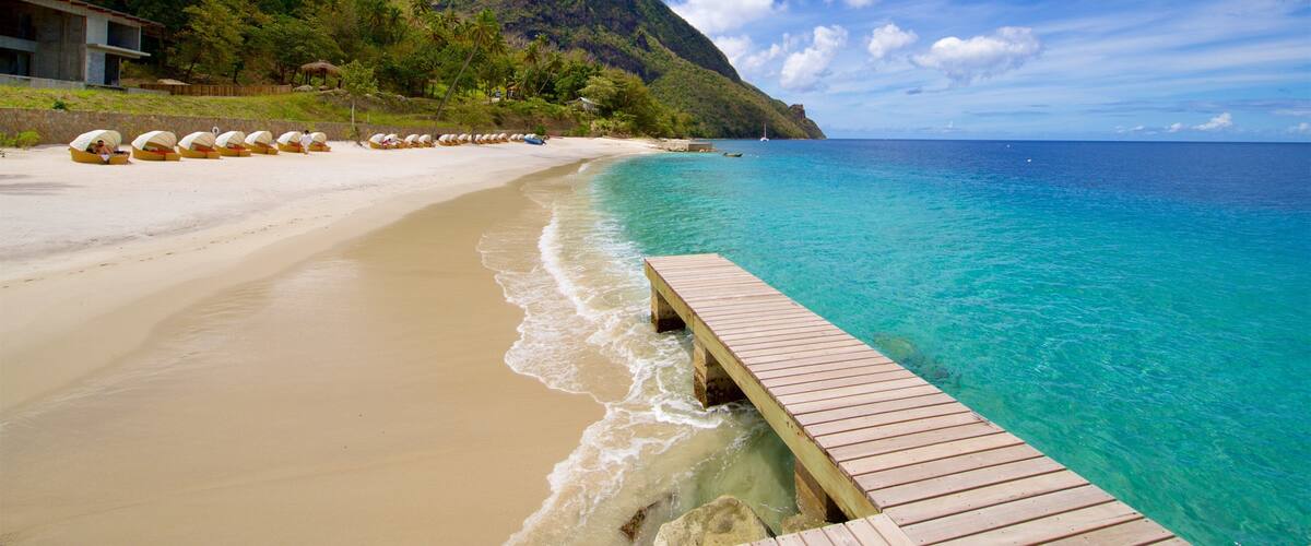 Jalousie Beach which includes mountains, tropical scenes and general coastal views