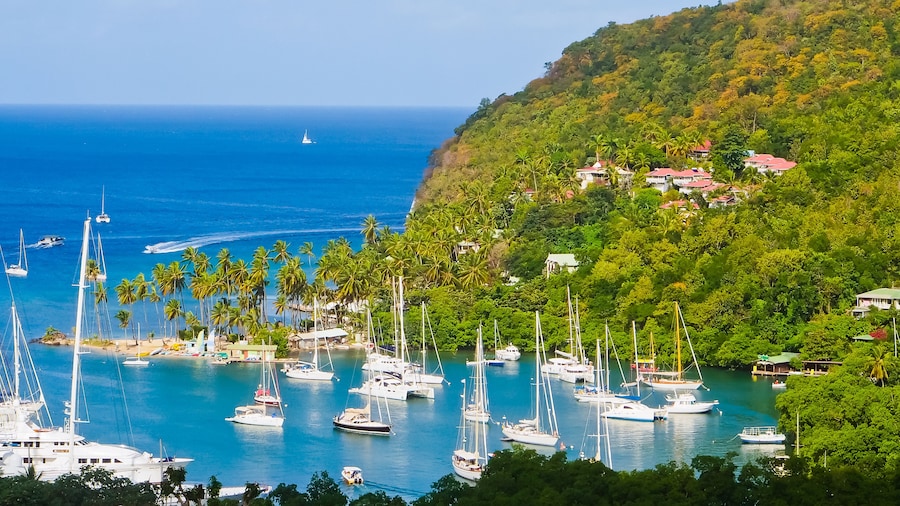 Top view of Marigot bay and yachts Saint Lucia