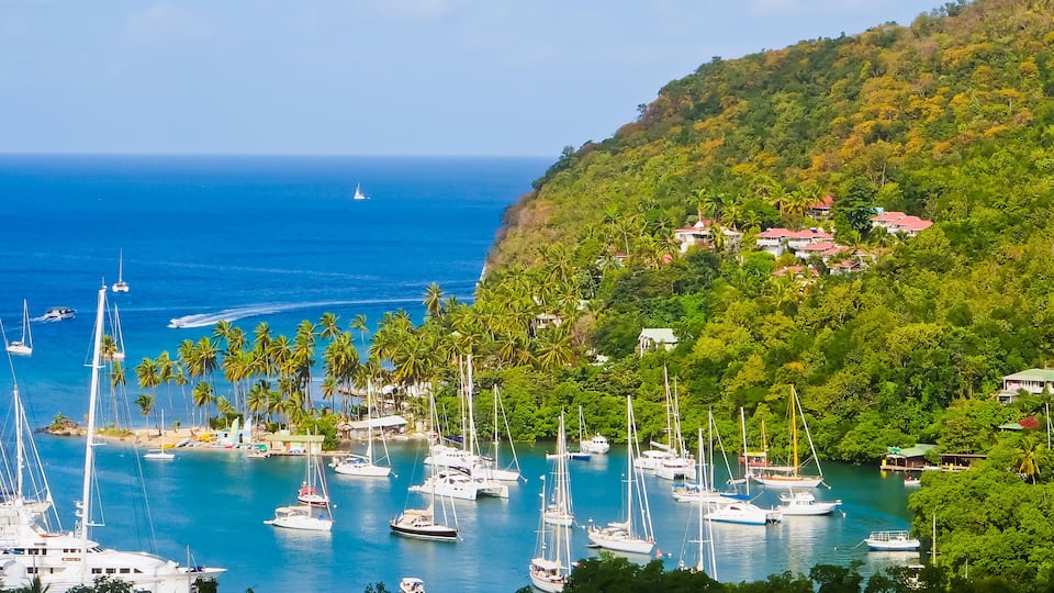 Top view of Marigot bay and yachts Saint Lucia