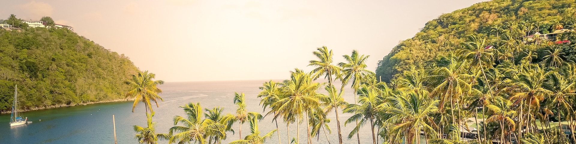 Paisaje costero con palmeras, una playa y un velero en el agua.