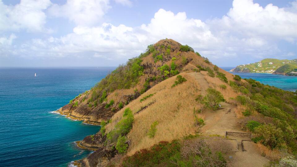 A coastal landscape with a prominent hill, a clear view of the ocean, and a distant shoreline with buildings.