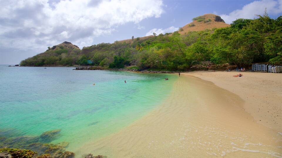 A beach with clear turquoise water, a sandy shore, and a hill with dense vegetation in the background.