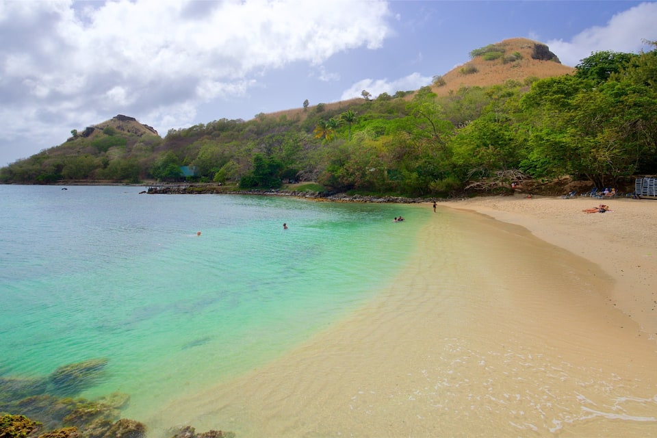 A beach with clear turquoise water, a sandy shore, and a hill with dense vegetation in the background.