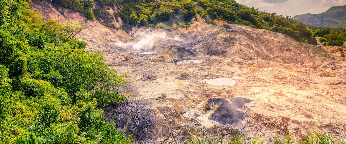 A geothermal area with steam vents, green vegetation, and a mountainous backdrop.