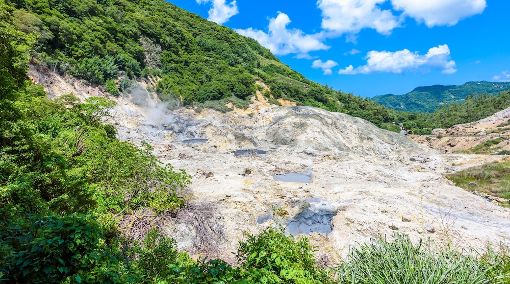 View of Drive-In Volcano Sulphur Springs on the Caribbean island of St. Lucia. La Soufriere Volcano is the only drive-in volcano in the world.
