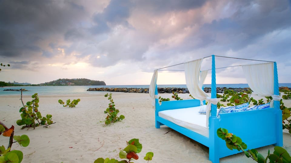 A blue four-poster bed on a sandy beach with a rocky shoreline and a distant island.