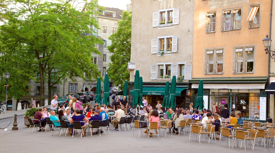 Plaza de Bourg-de-Four que incluye ambiente de cafetería, escenas cotidianas y comidas al aire libre