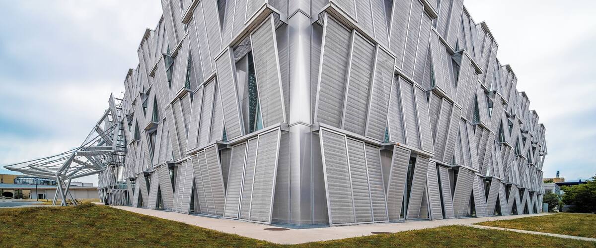 A modern architectural building with a unique angular design.