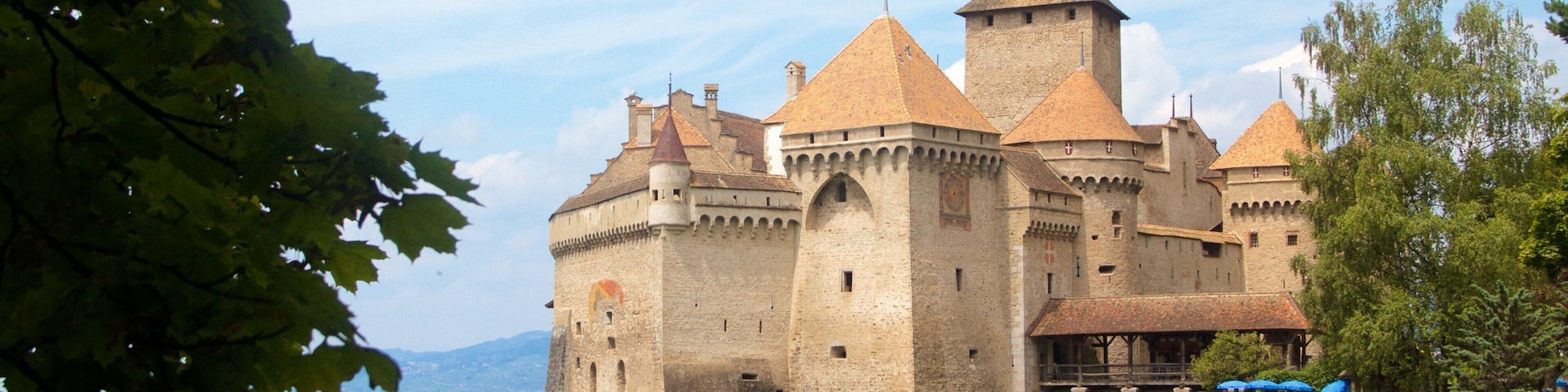 Un castillo histórico junto a un lago, con múltiples torres y una bandera roja en la cima.