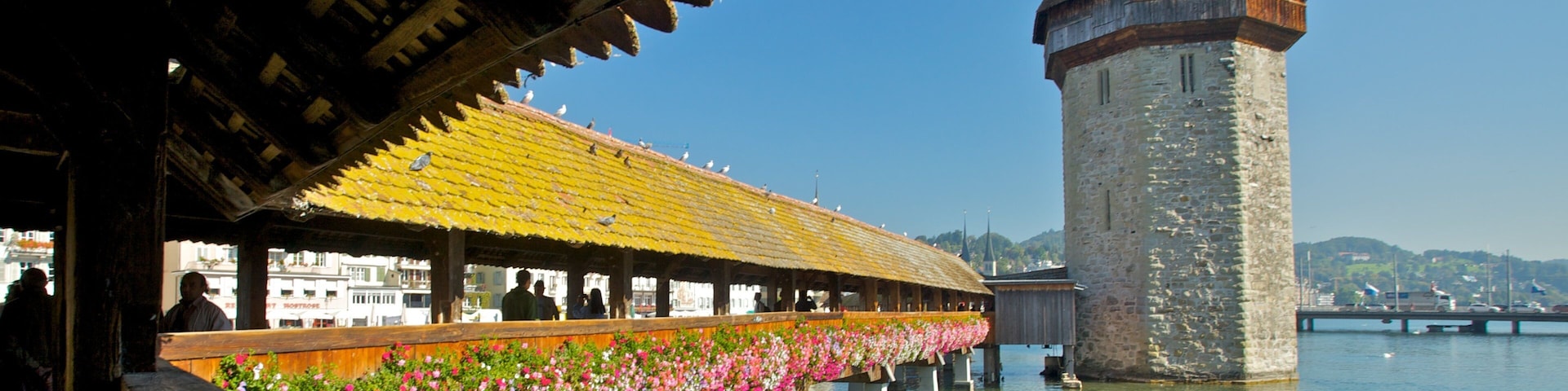 Chapel Bridge which includes heritage architecture, a bridge and flowers