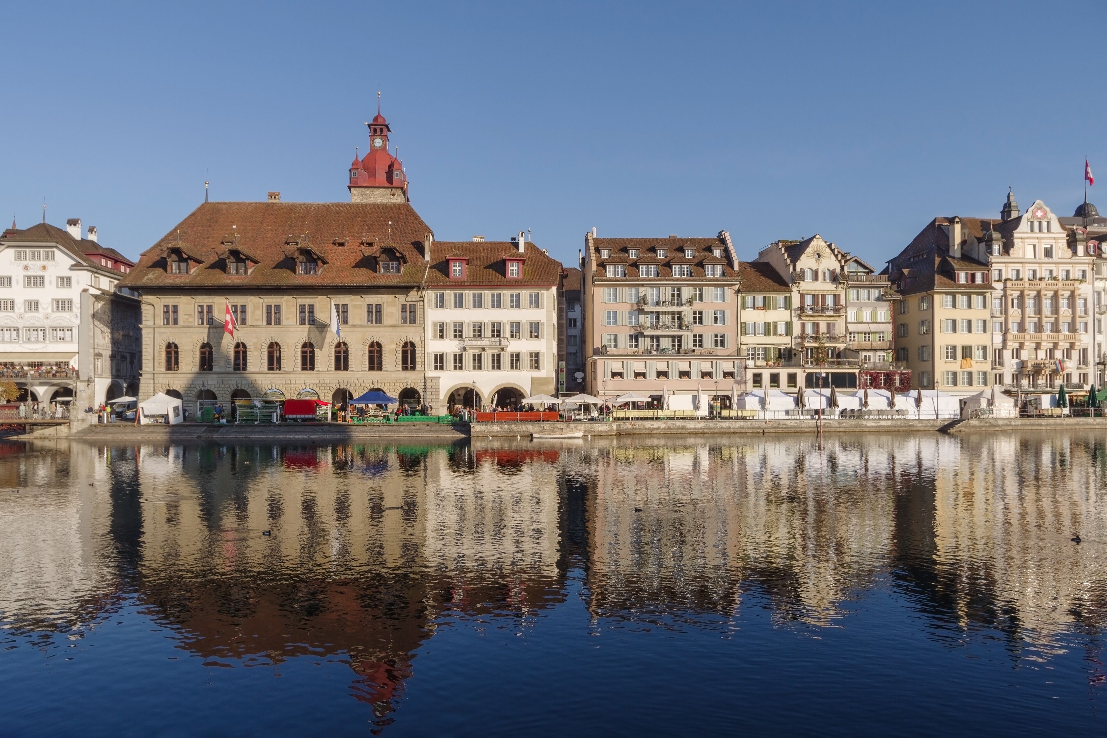 Lucerne, Switzerland, View of historical buildings along riverside