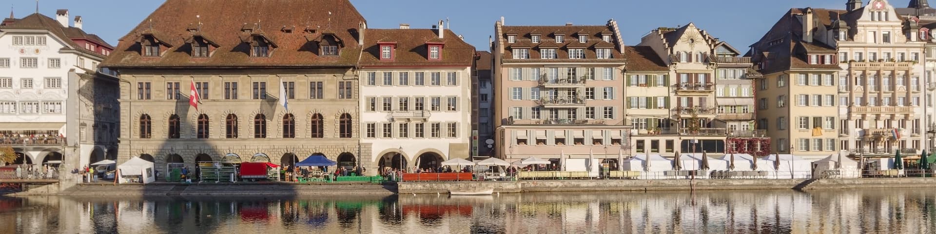 Lucerne, Switzerland, View of historical buildings along riverside