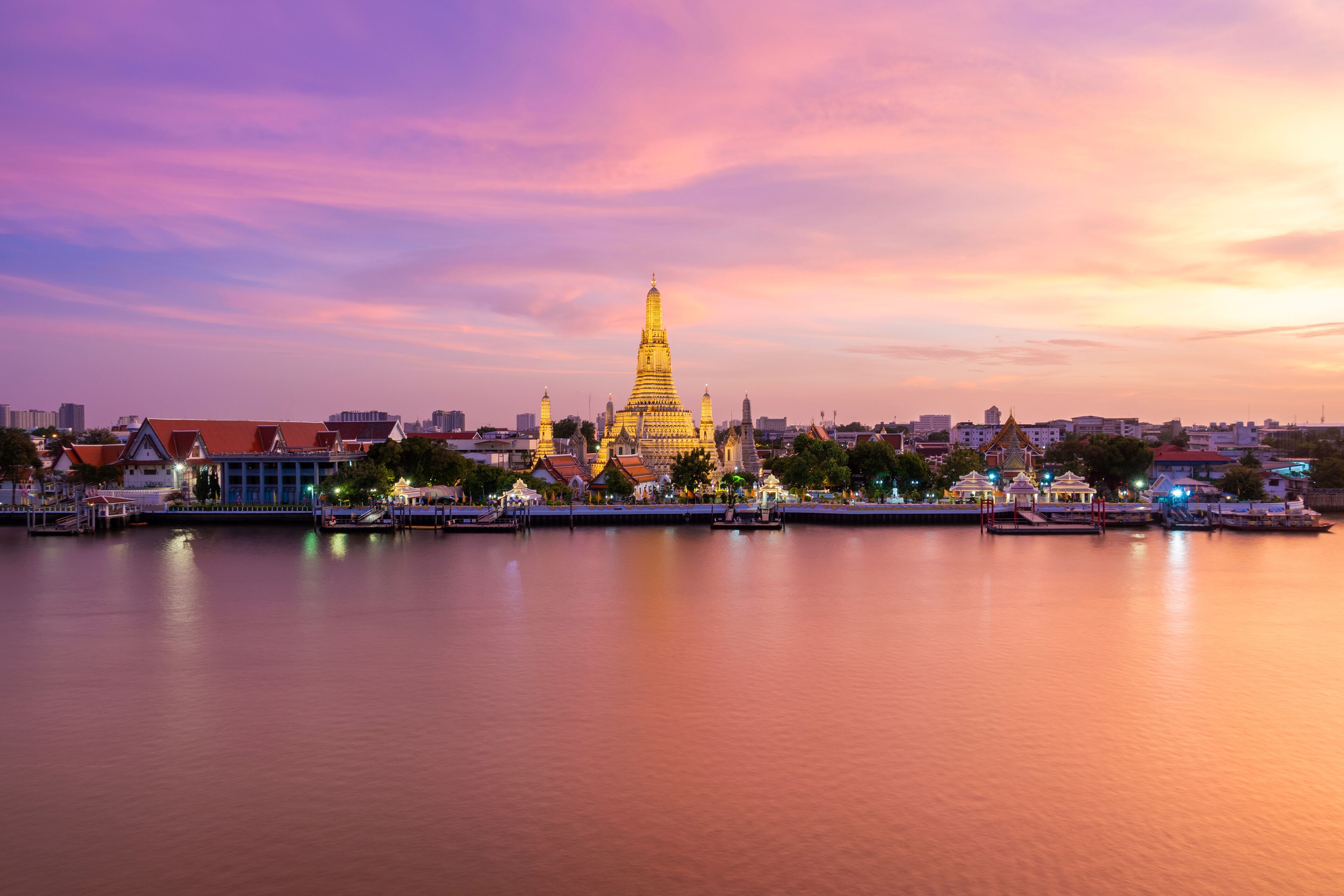 Beautiful view of Wat Arun Temple at twilight in Bangkok, Thailand