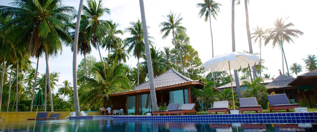 A swimming pool with blue tiles, surrounded by palm trees and a small building with a tiled roof.